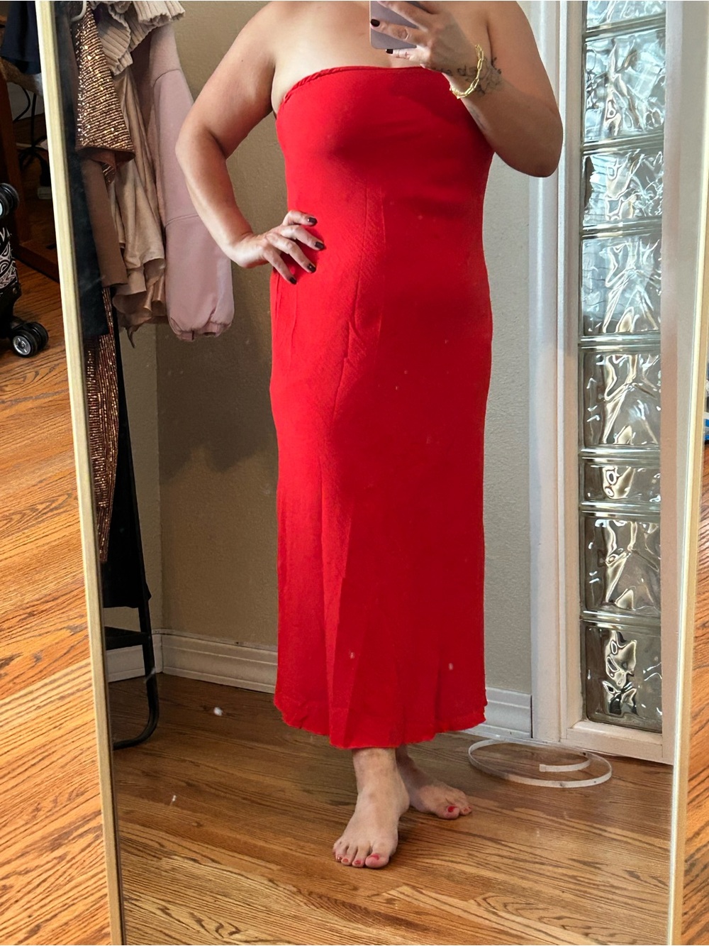 See You Monday Red Strapless Midi Tube Dress